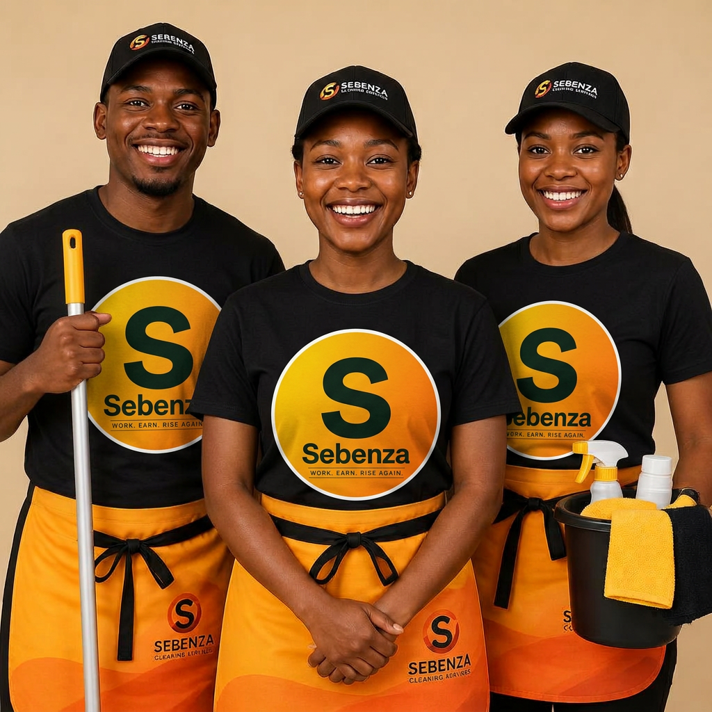 Sebenza team wearing branded black polos and gradient aprons